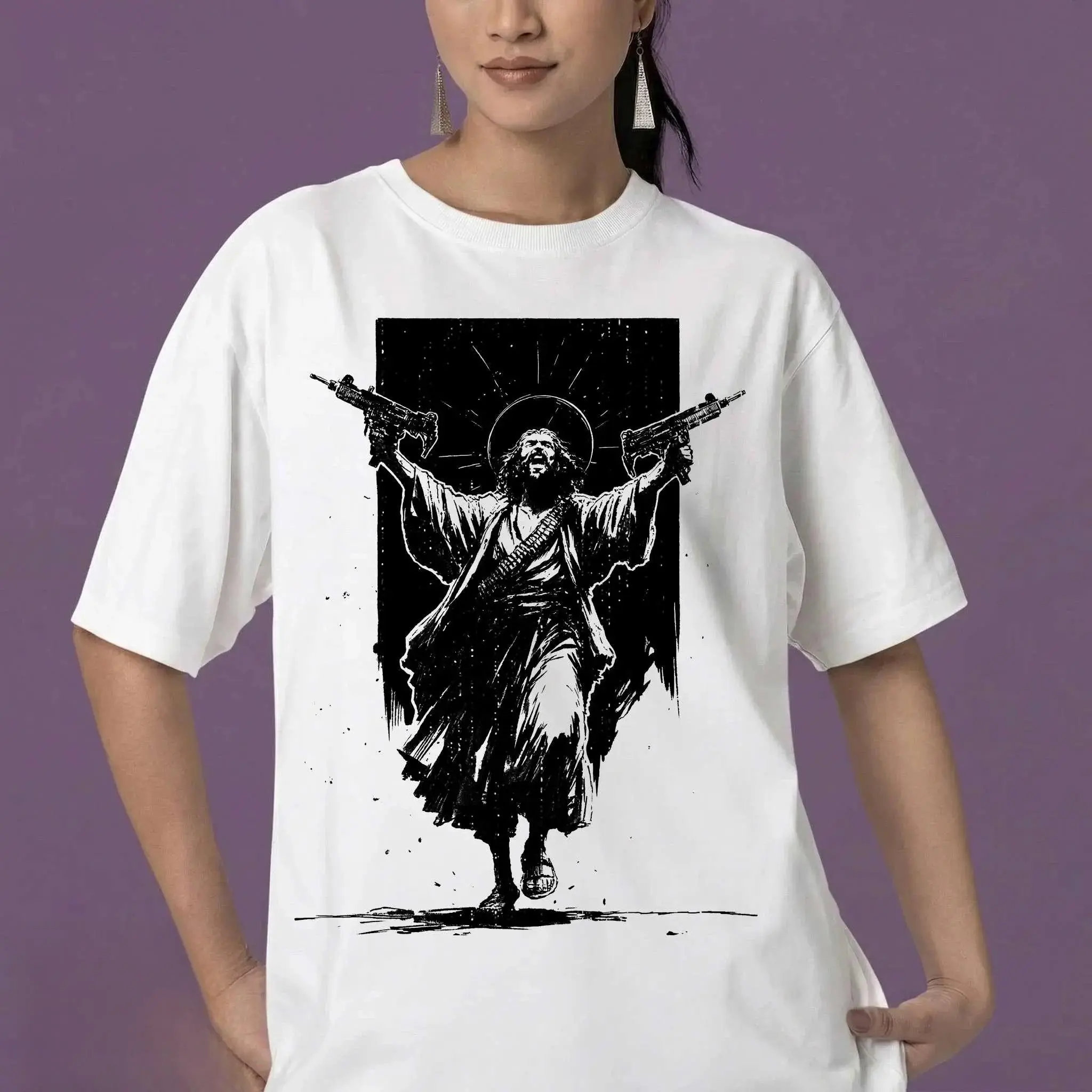 Women's Uzi Jesus Tactical God T-Shirt - Dungeon Crawler Carl, Princess Donut Themed - Badass Christian Humor Gift Top