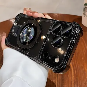 New Trendy Luxury Airbag Corners Plated TPU Clear Acrylic iPhone 17 Case with Camera Lens Protector & Magnetic Stand for Magsafe Shockproof Protection Black Protective Casing