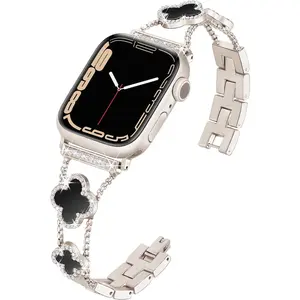 Heibei Four-Leaf Clover Watch Strap with Elegant Rhinestone Accents and Secure Buckle Closure for Stylish Wear