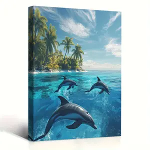 1 Piece Modern Wooden Frame Canvas Art Print - 11.8x 15.7inch Vibrant Underwater Dolphin Scene with Tropical Palm Trees and Turquoise Water, Reusable Wall Decoration for Bedroom, Living Room, Home Decor, Ocean Theme Decoration