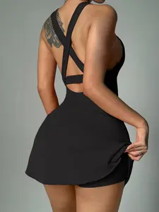 Women's Backless Sports Romper, Sleeveless Comfortable Vest with Built-In Shorts & Pockets, Stretchy Fitness Yoga, Workout Jumpsuit, Sports Jumpsuits