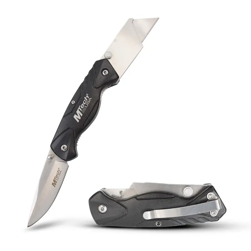 Mtech USA Folding Utility Knife - 2-in-1 Design, 2.75" Stainless Steel Retractable Blade, Aluminum Body, Quick-Change Cutter, Belt Clip, Liner Lock, Portable Multipurpose Camping Knife, EDC Survival Tool, Dad Gift, Camping Knives