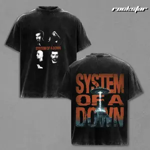 System of a Down Graphic Washed T-Shirt Black - Premium Heavyweight Soft Cotton Vintage Oversized Tee with Band Portrait and UFO Back Print, Comfortable Durable Streetwear Shirt, Perfect Gift for Metal Music Fans Men Women