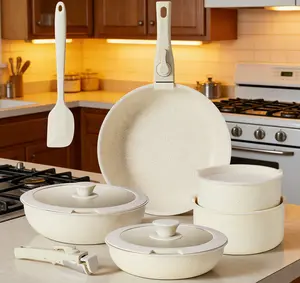 Stylish 12-Piece Nonstick Cookware Set with Detachable Handles, Stackable Space-Saving Pots & Pans for All Stovetops, Dishwasher & Oven Safe, Beige