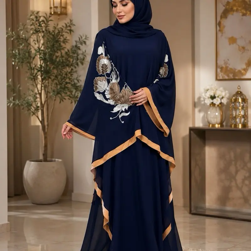 Women's Luxury Dubai Butterfly Abaya, Modest Fashion Islamic Clothing, Long Sleeve, Crew Neck, Bell Sleeve, All Over Print, All Seasons