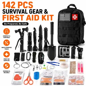 Emergency Survival Kit and First Aid Kit, 142Pcs Professional Survival Gear and Supplies Equipment with Molle Pouch, Gift for Christmas Men Dad Husband Camping Hiking Hunting Outdoor Adventure
