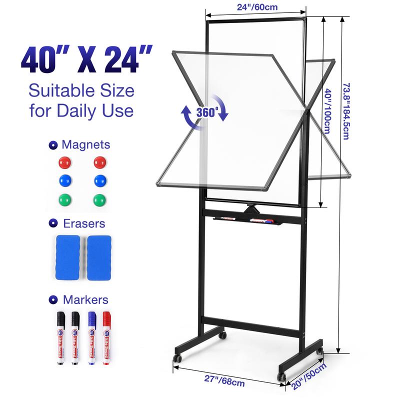 VOWNER Rolling Whiteboard, 40x24 inches Double-sided Magnetic Dry Erase Board on Wheels, with Aluminum Frame, Portable Presentation Board with Iron Stand for Office, Home, School, Black Classroom Supplies