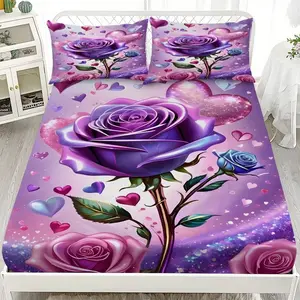 Rose Bed Sheet Set, 3-Piece Mattress Protector (1 Fitted + 2 Pillowcases), Soft Comfortable, Suitable for Home Bedroom, All Seasons Use, Soft Bedding Sheet