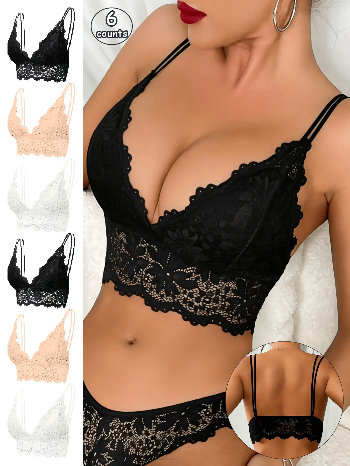 3/4/5/6PCS Value Set Women's Lace Bralette, Wireless Comfy Everyday Daily Bra with Removable Pads, Multi-Color Floral Lace Crop Tops, Essential Intimates Pack.