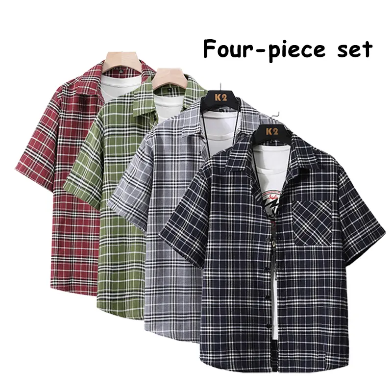 Men’s 4-Pack Short Sleeve Plaid Button-Down Shirts, Casual Loose Fit, Summer Beach & Everyday Wear, Checkered Shirts for Men