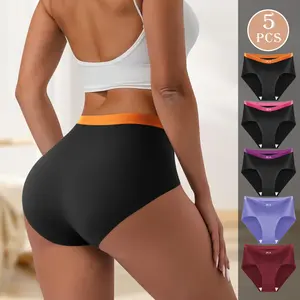 QUASTI   Women's 5-Pack Mid-Rise Color Block Briefs | 86% Polyester & 14% Elastane, Contrast Wide Waistband, Butt Lifting, Anti-Chafe, Body Positive, No-Roll Waistband, Silky Cool Stretch Daily Panties