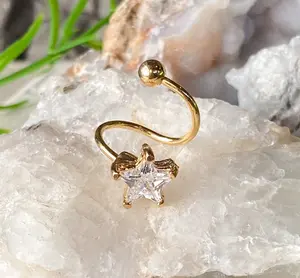Gold Plated Twist Belly Ring w/ Prong Set CZ Star Gem Pierced Navel 16g Spiral