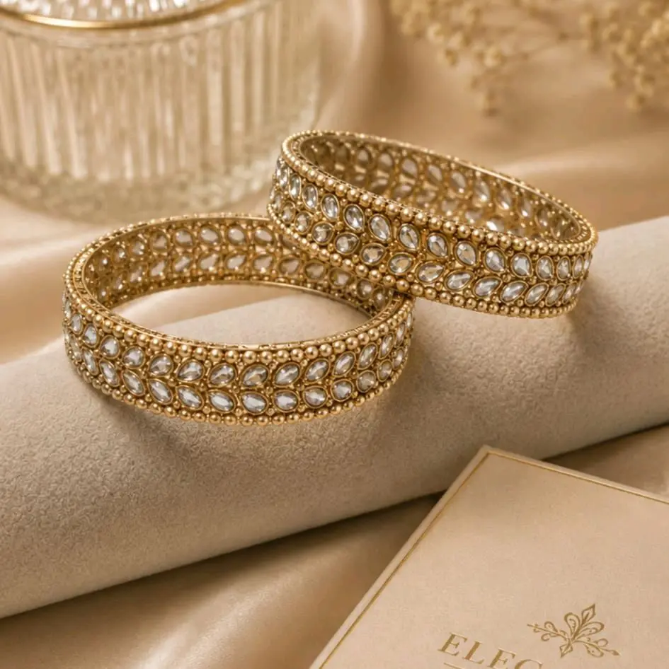 Polki Design Bangles Set of 2, with Champagne-Colored Pearl Details