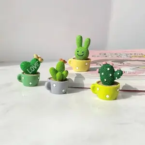 4pcs Cute Mini Resin Cactus Figurine Set, Cartoon Succulent Plant Ornaments, Car Dashboard Decor, Monitor Desk Decor, Kawaii Home Office Gift