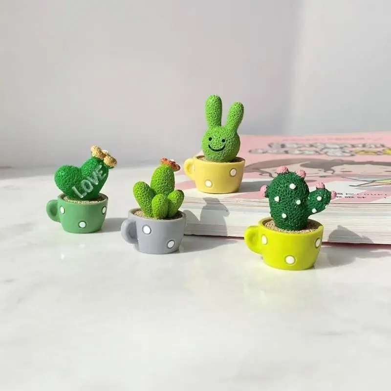 4pcs Cute Mini Resin Cactus Figurine Set, Cartoon Succulent Plant Decorative Ornaments, Car Dashboard Decor, Monitor Desk Decor, Kawaii Home Office Gift