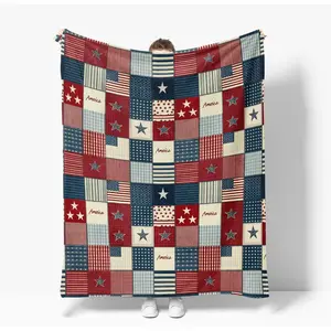 4th of July American Flag Patchwork Blanket, Soft Fuzzy Plush Patriotic Throw Blanket, Independence Day Home Decor Cozy Blanket, Patriotic Gifts for Adults Kids Veterans Day