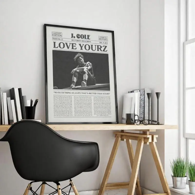 J. Cole Retro Newspaper Print Love Yourz No Frame Album Cover Posters Lyric Print Music Posters Pop Culture Artistic Decor Satin Photo Finish Decoration