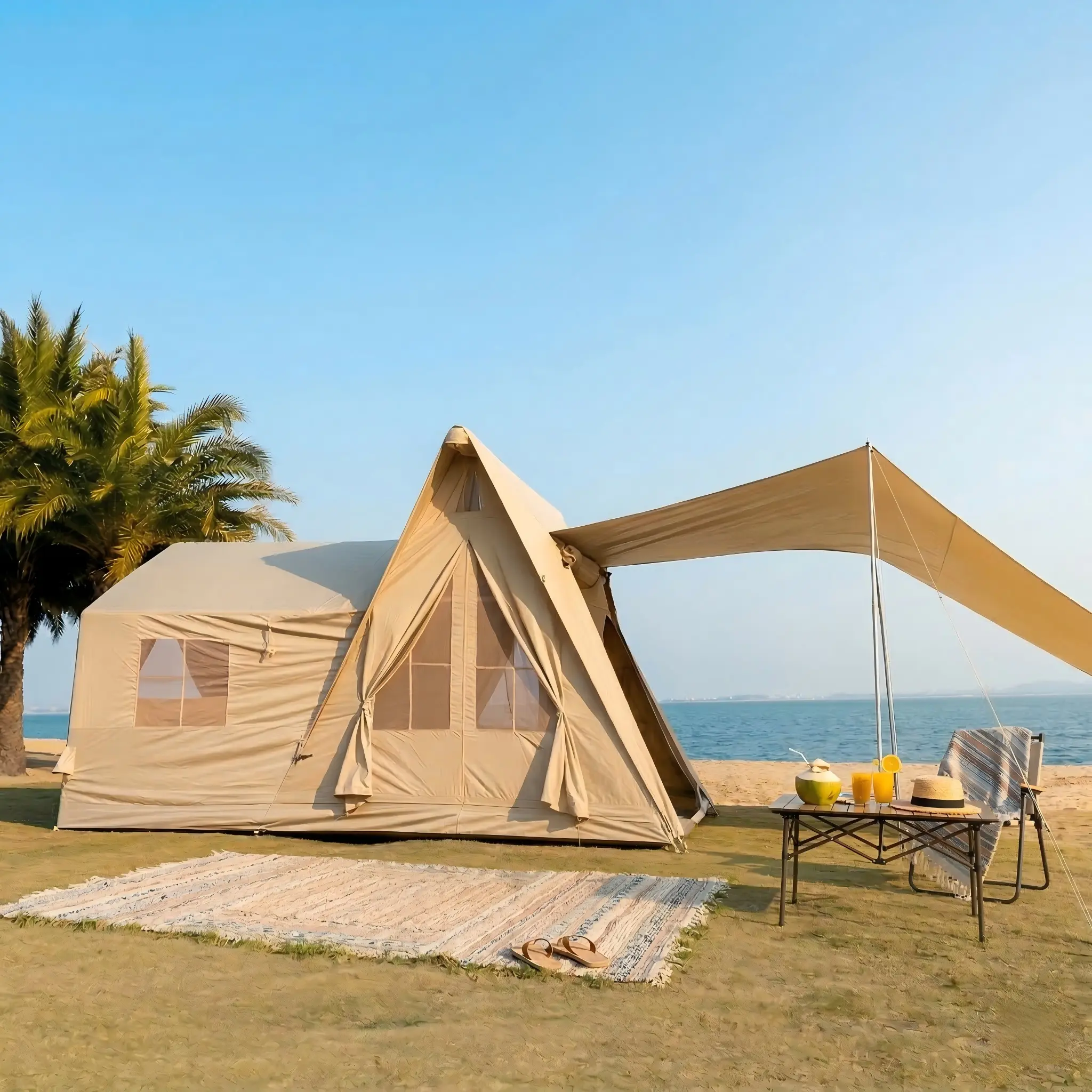 Senleeto 8-10 Person Inflatable Camping Tent - 13.5m² Oxford Fabric High Ceiling Triangular Cabin Tent with Quick Inflation, Easy Setup, Breathable Waterproof, All-Season Wind-Resistance, Stove Jack, Skylight, Inflatable Tent