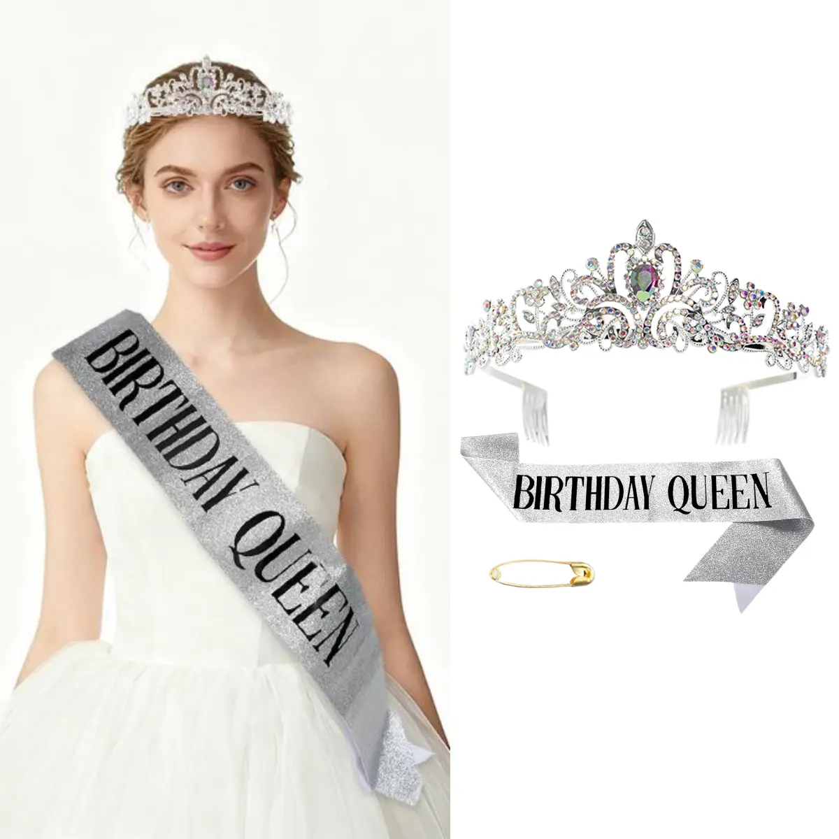 Birthday Queen Tiaras Crown for Women, Girls Princess Crowns for Women, Queen Tiara for Mom, Silver Birth Crown Headband Birth Sash, 30th 40th 50th Birthday Prom Party Decorations for Mother