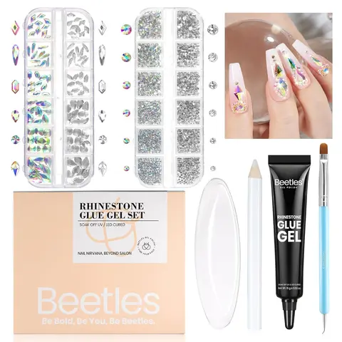 Beetles Cute Bling Nail Art Decoration Kit - 15ml Medium Viscosity Gel Polish Rhinestone Glue, 2 Boxes Flat & 3D Decorations, High-Quality Material Nail Art Accessory, Holds Decor in Place for DIY Manicures, DIY Home Gifts