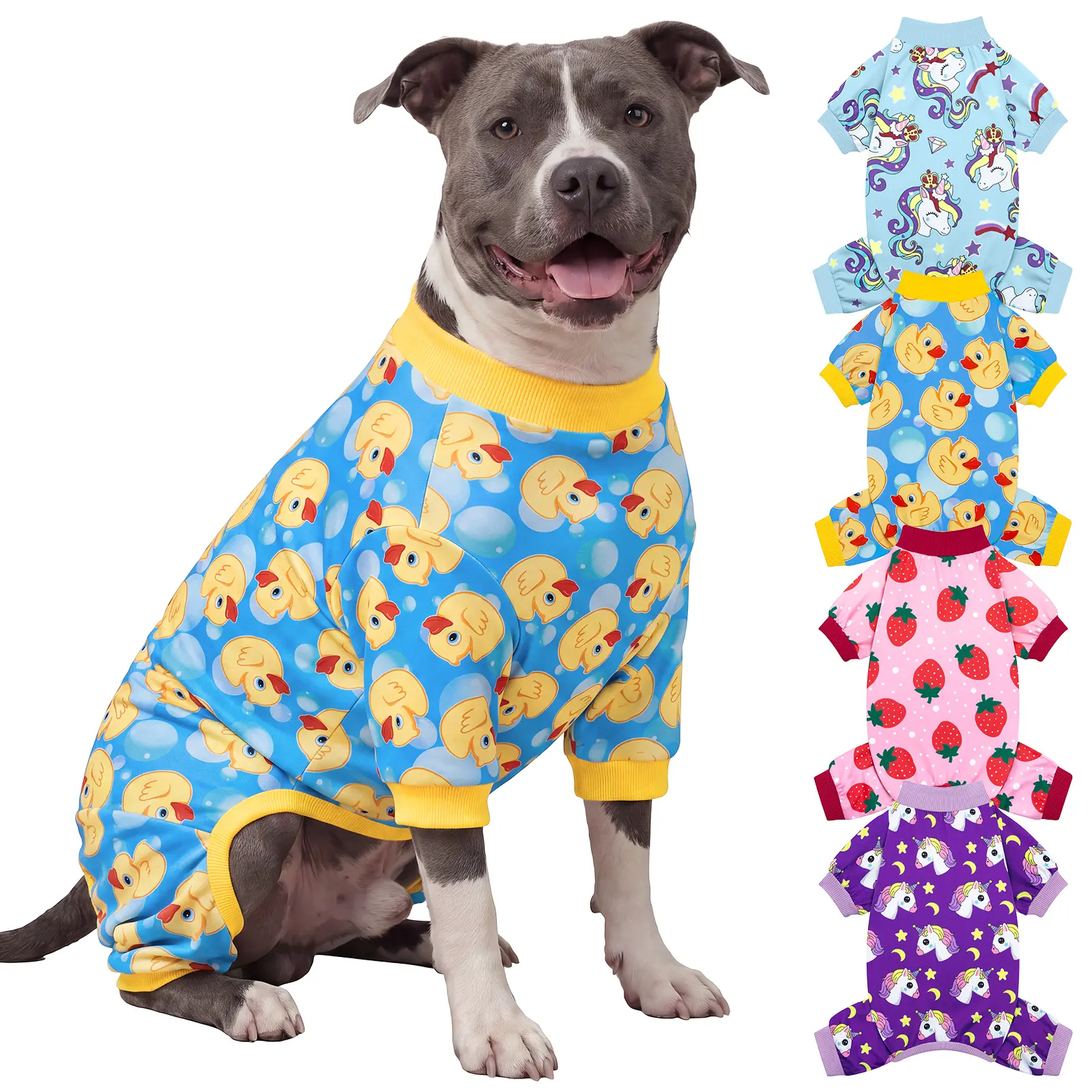 XPUDAC Pet Christmas Pajama Set, 4-Piece Duckie & Strawberry Animal Prints Cartoon Theme Cozy Wear for Small-Medium-Large Dogs & Cats - Festive Pet Clothing Gift
