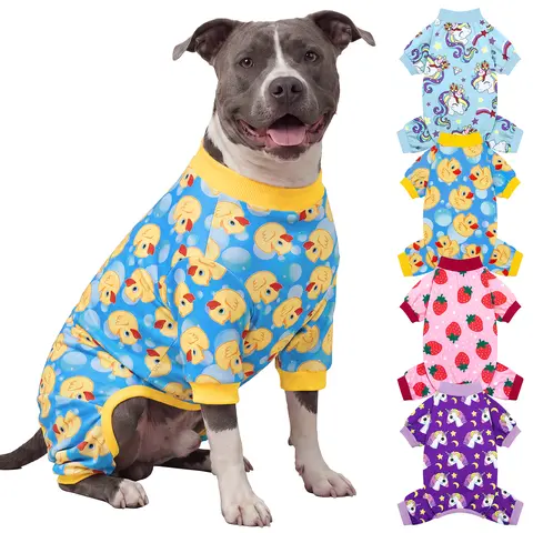 XPUDAC Pet Christmas Clothing 4-Pc Matching Set, Duckie & Strawberry Cartoon Print Cozy Wear for Small-Medium-Large Dogs & Cats (3XL 40-50 lbs, 5XL 65-80 lbs) - Festive Machine Washable Animal Apparel Gift with Back Length Measurement Tip