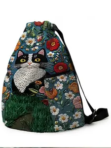 1 piece of cat and flowers pattern 2D printed drawstring backpack - large capacity durable fitness bag, with adjustable shoulder straps, suitable for both men and women, essential for travel, hiking, camping