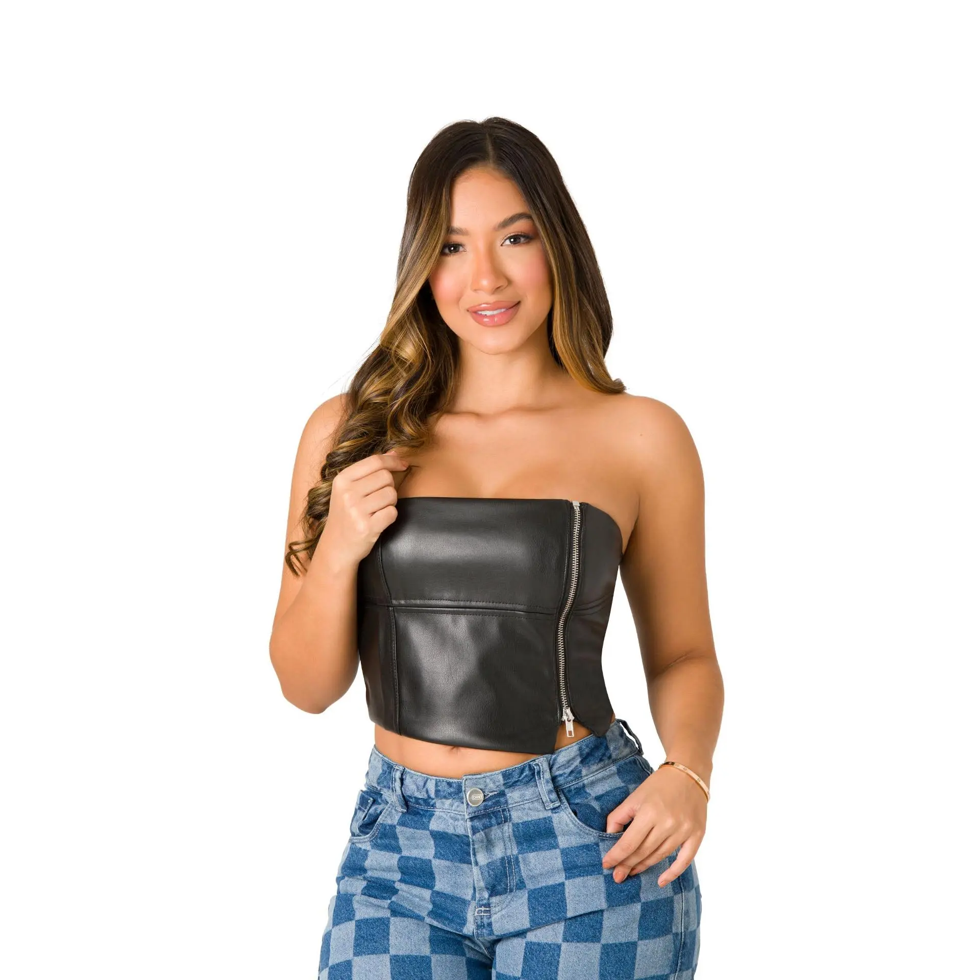 Blusa Strapless Cuerina 5B6542C - Black Leather Crop Top with Zipper Detail for Urban Night Out Style
