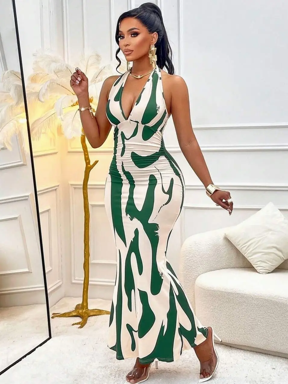 Tropical Floral Halter Neck Mermaid Maxi Dress Ruched Bodycon Vacation Gown