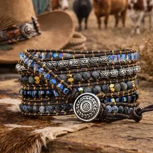 Western Bracelet- Multi-Layered Beaded Wrap Bracelet with Silver Tone Clasp and Blue Beads for Women