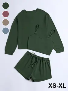 Women's Waffle Strap Top + Long Sleeve Round Neck Shirt + Drawstring Shorts Home Set, Soft Lounge Sets, Womenswear, Pure Color Vintage Texture, Casual Sporty Loose Fit
