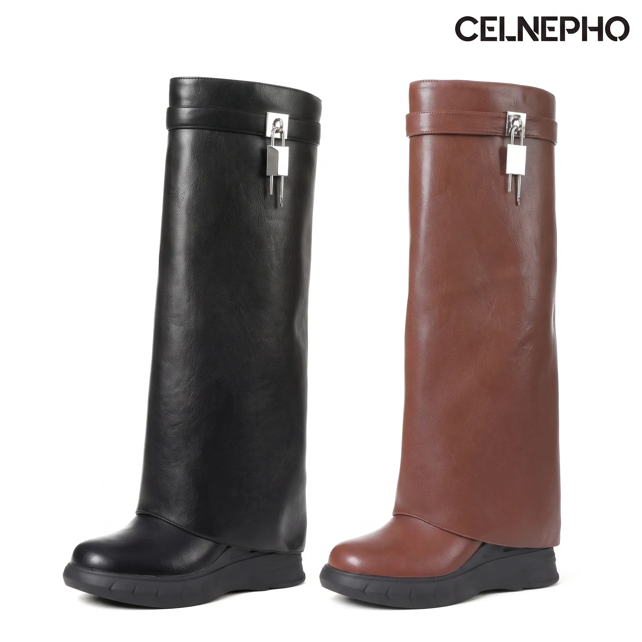 CELNEPHO Knee High Boots for Women Round Toe Chunky Wedge Heel Fold Over Boot Side Zipper Closure Padlock Design Fashion Slouchy Booties Easy Pull on Gift Date Party Casual Work Daily Wear Trendy Summer Dress Shoes