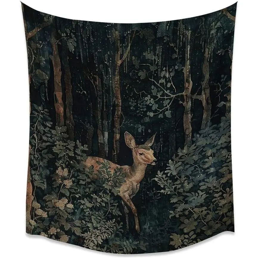 101cm×76cm（40×30in）Dark Academia Deer Print Linen Tapestry - Moody Gothic Botanical Digital Print, Vintage Aesthetic Peach Mat Wall Decor, Wrinkle & Fade Resistant, Multi-Size, with Hooks, Home Decor for Bedroom