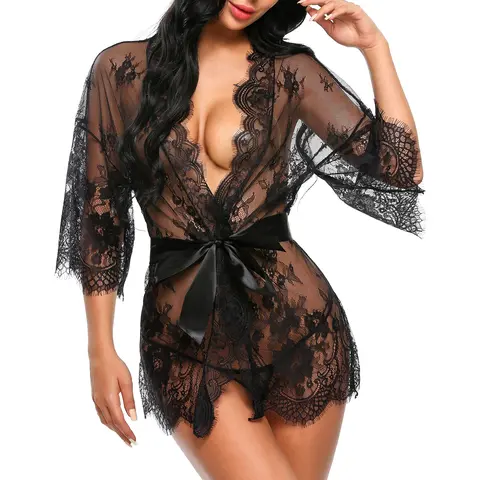 Avidlove Women's Lace Kimono Robe  Lingerie Mesh Nightgown S-5XL