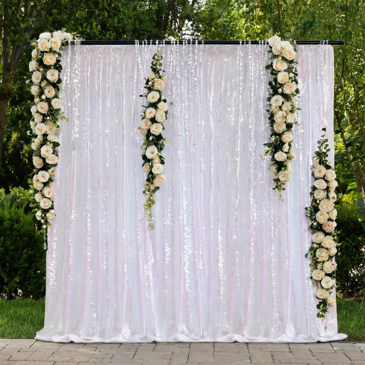 1 Pack White Iridescent Sequin Backdrop Curtain 7x7ft for Photography Studio Party Wedding Birthday Christmas Halloween Thanksgiving Glitter Drapes