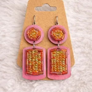 Mango Sunset Beaded Drops Earrings with Pink Hexagon Top and Orange-Yellow Beaded Rectangle Drops