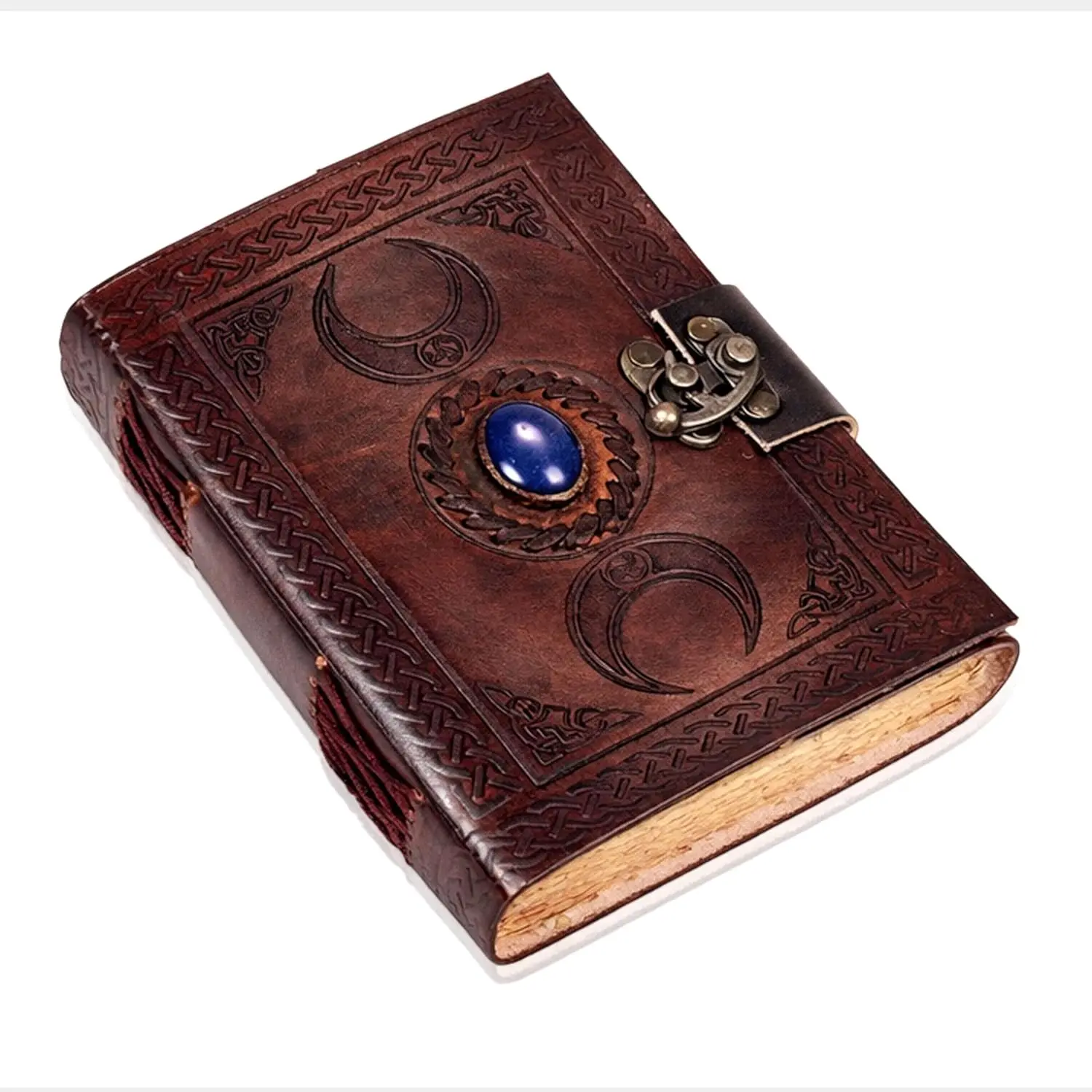 3 Moon Blue Lapis Embossed  Leather Journal for Men & Women - 128 Pages, Antique  Deckle Edge  Paper, Leather Journal Writing Notebook Dairy  (5 inch by 7 inch, Brown)