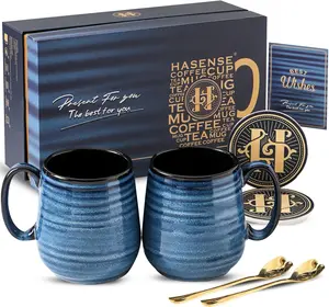 Hasense 20 oz Ceramic Coffee Mug Gift Set of 2, Luxury Cups with Coaster and Gold Spoon, Perfect for Morning Coffee, Home Use and Office Desk, Thoughtful Father’s Day Gift for Dad, Husband and Family