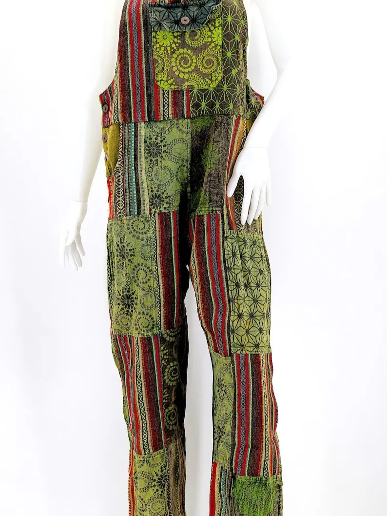 Cotton Colorful Hippie Handmade Gheri Patchwork Bohemian Overalls, Patchwork Jumpsuit, Eco-Friendly Clothing