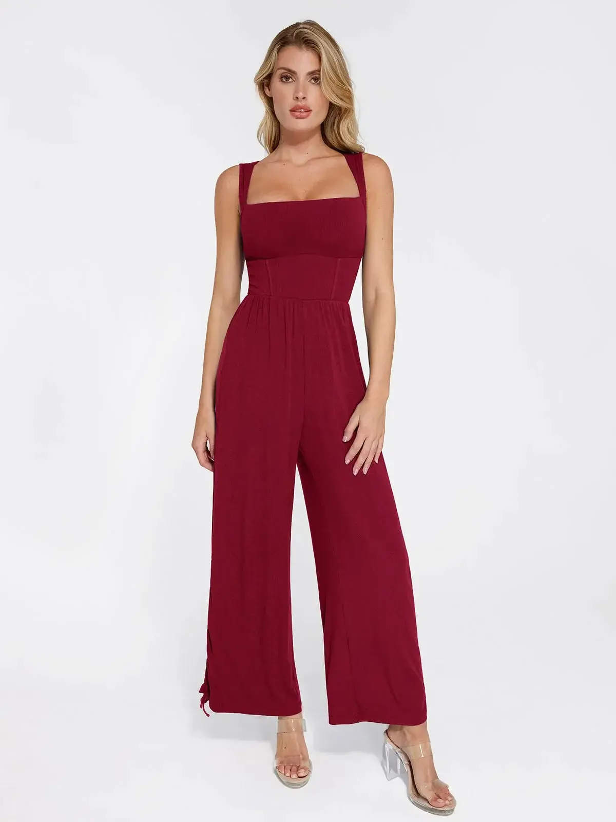 Popilush Shapewear Square Neck Jumpsuit for Women Tummy Control Wide Leg Soft Stretchy Body Shaping Casual Daily Wear-Creator Live