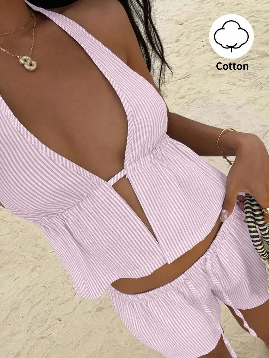 MONASWEET Blue & White Striped Linen Deep V Backless Camisole With Drawstring Waistband And Casual Loose Shorts Set, Sexy & Elegant Summer Beach Vacation Outfit For Women