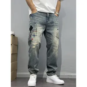2025 Men's autumn and winter   Washed Vintage Distressed Patchwork Embroidered Jeans for Men Tapered Straight-Leg Pants American High Street Style Casual Streetwear Menswear Love Stylish Trouser Denim Pocket Fashion Cotton Best Quality. men's  joggers