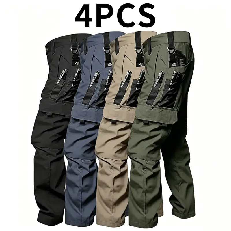 HOMUG Men's 4-Pack Ripstop Polyester Tactical Cargo Pockets Pants - Lightweight Rugged Outdoor Athletic Menswear, Summer Utility Bottoms for Camping, Construction Gifts