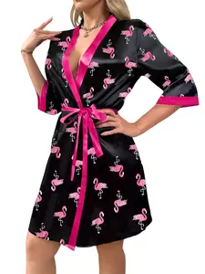 Silk-Like Comfortable Elegant Sexy Loose Long Robe with Belt, Spring & Fall Flamingo Animal Pattern, 3/4 Sleeve Contrast Binding Design Loungewear