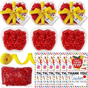 Domensi 6 Sets Large Apple Teacher Appreciation Gifts 18oz 6 Clear Plastic Apple Containers, Ruler-style Ribbon, 6 Thank You Cards, Raffia Filler for Back to School Party Decor DIY Gift Box