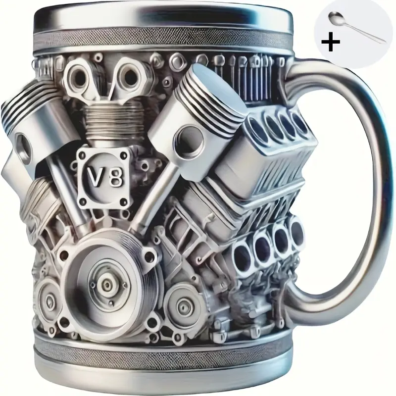 15oz Handmade Stainless Steel V8 Engine Coffee Cup - Reusable, Washable Tea Mug for Car Enthusiasts, Durable Kitchenware Drinkware Accessory