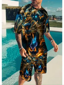 Men's Casual Summer Set, Blue Tiger Print Short Sleeve Tee & Pocket Shorts, Breathable Polyester Fabric, Trendy Street Style