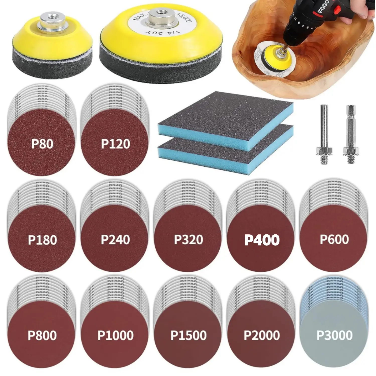 120Pcs 3in Grit Sandpaper Accessories, Multi-Grit Sanding Paper (80-3000) with 2in-3in Backer Pads, Sanding Sponge & 1/4" Shank Drill Grinder Rotary Tool Attachments, Drills, High-Quality Construction