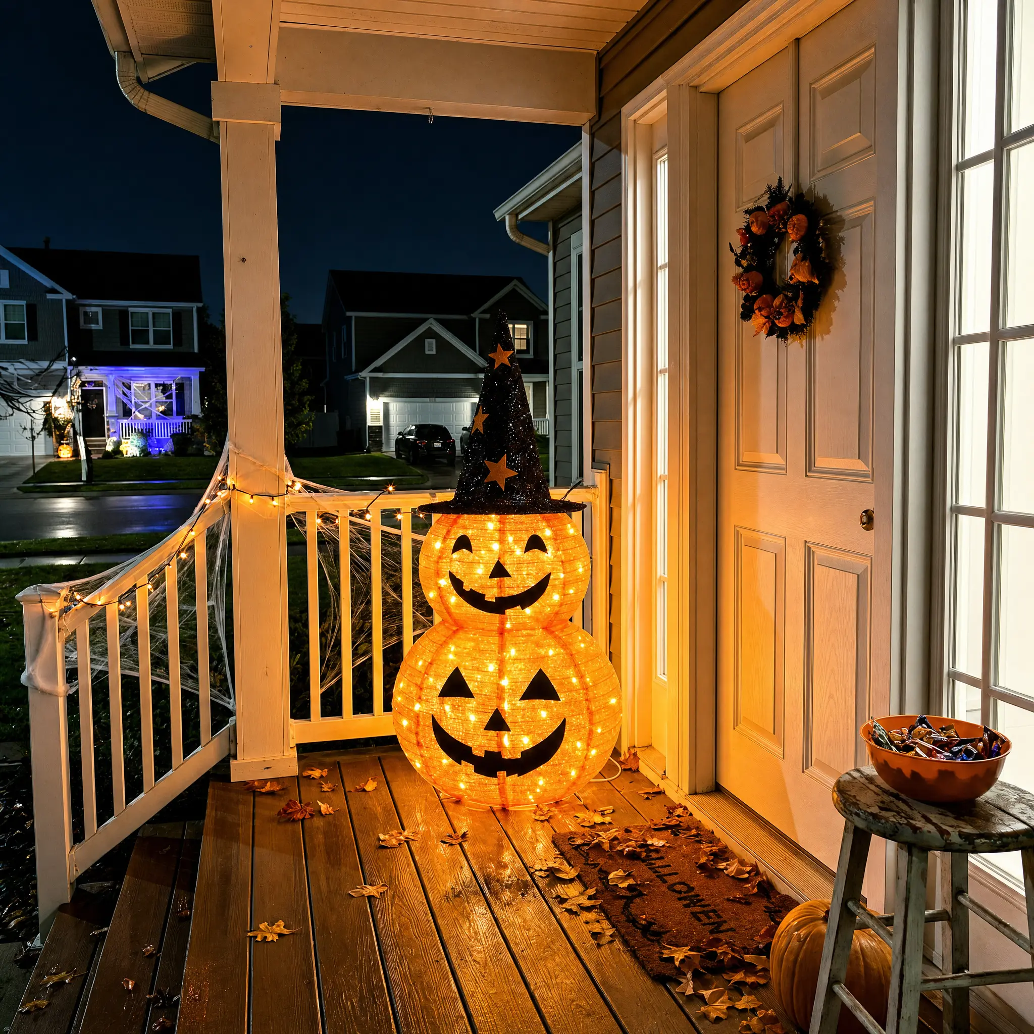 Raysea 3FT Classic Round Collapsible Lighted Jack-O'-Lantern with Witch Hat, Pop-Up LED Magical Glowing Pumpkin Holiday Ornaments, Front Porch Decor, Party Decoration Supplies, Holiday Gifting Item