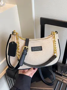 Fashion contrast color light luxury shoulder crossbody bag, Fashionable crossbody bag, retro crescent shape splicing gold chain decoration, casual versatile commuter bag with multiple colors, suitable for daily travel, shopping